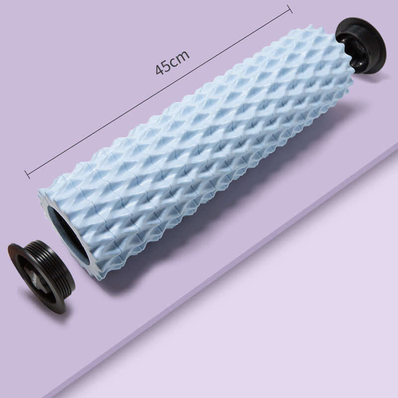 Fishbone Yoga Pillar foam massage roller in ocean blue, 45cm long, designed for muscle recovery and relaxation.
