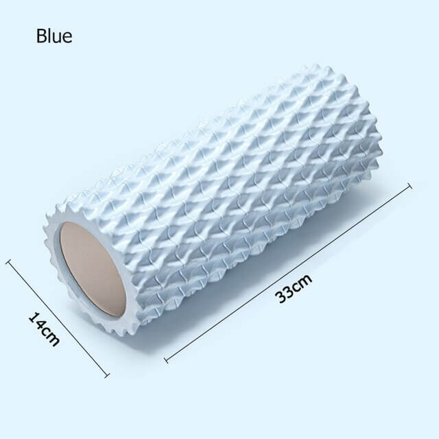 Fishbone yoga pillar foam massage roller in ocean blue, 33cm x 14cm, made of EVA+PVC for effective muscle relief.