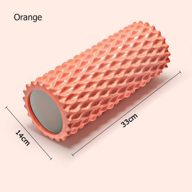 Foam massage roller in coral orange, 33x14cm, designed for yoga and muscle recovery.
