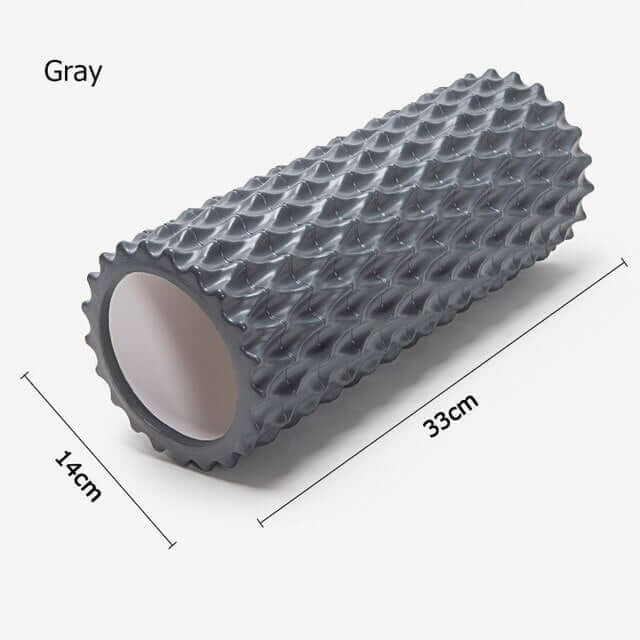 Foam massage roller in deep sea gray, 33cm x 14cm, ideal for yoga and muscle recovery, made of EVA and PVC.