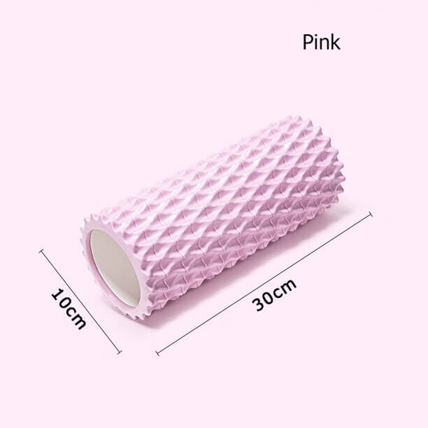 Pink foam massage roller, 30cm x 10cm, designed for muscle relief and flexibility.
