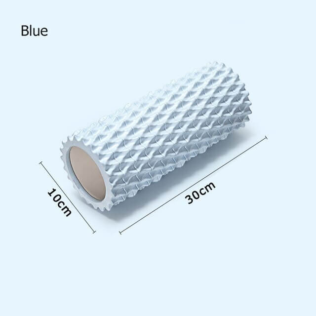 Foam massage roller in ocean blue, 30cm x 10cm size, ideal for yoga and muscle recovery.