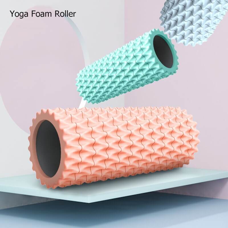 Ocean blue and coral orange foam massage roller, textured surface for yoga and muscle recovery, 30x10cm.