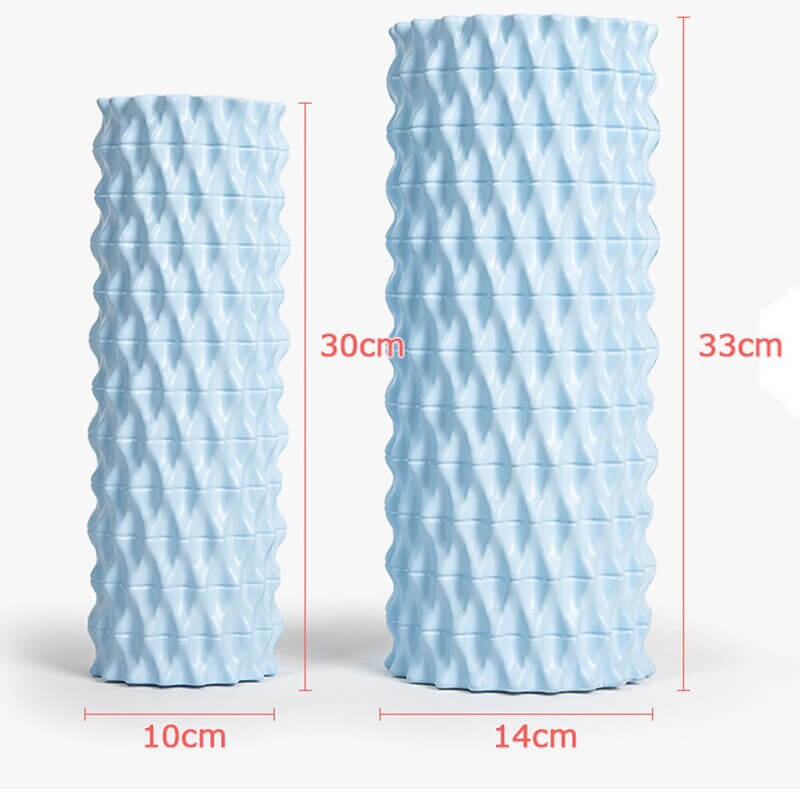 Foam massage roller in ocean blue, EVA+PVC material, available in 30cm and 33cm sizes, perfect for yoga and recovery.