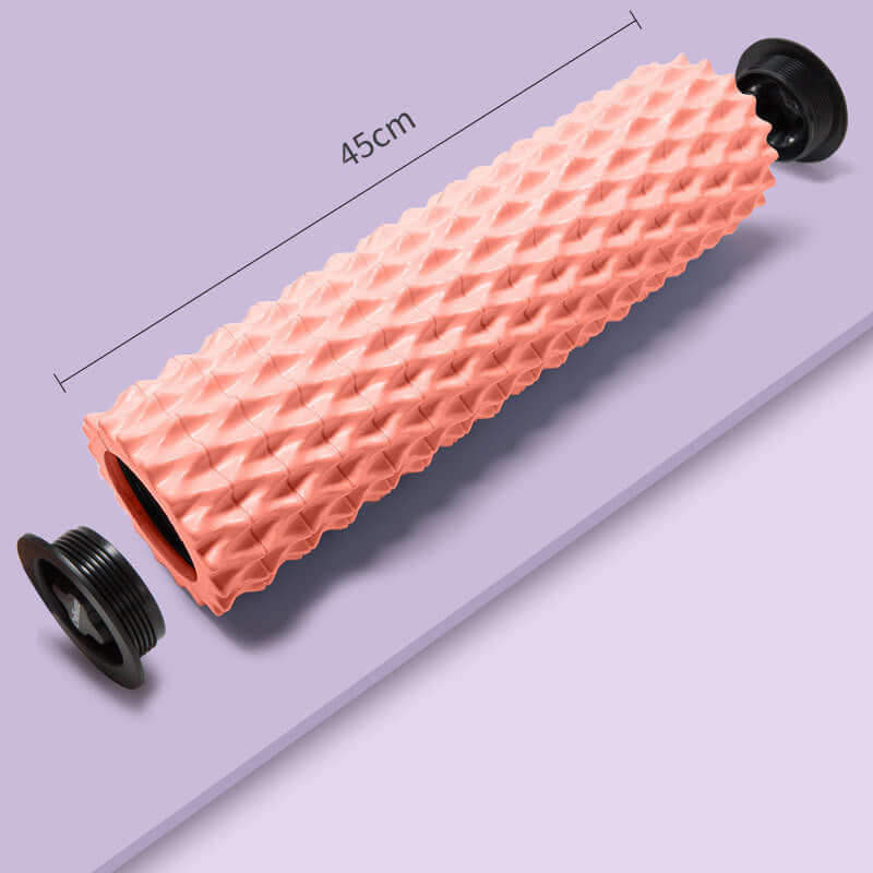 Foam massage roller in coral orange color, measuring 45cm long, designed for effective muscle relief and relaxation.