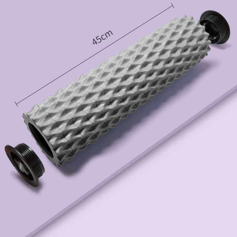 EVA foam massage roller in gray, 45cm, designed for myofascial release and muscle recovery, ideal for yoga and fitness.