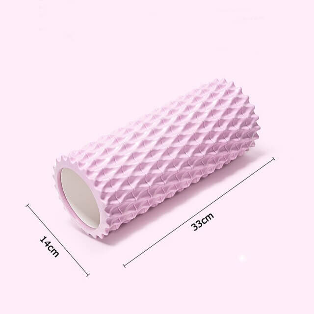 Foam massage roller in pink, designed for muscle relief and yoga, measuring 33cm x 14cm, ideal for deep tissue massage.